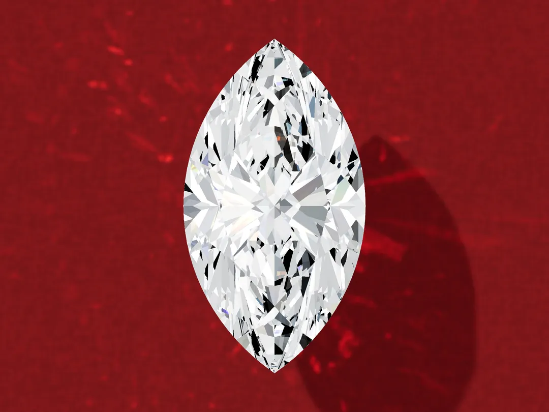 3D render of a loose marquise diamond face up, an elongated outline with a point at each end.