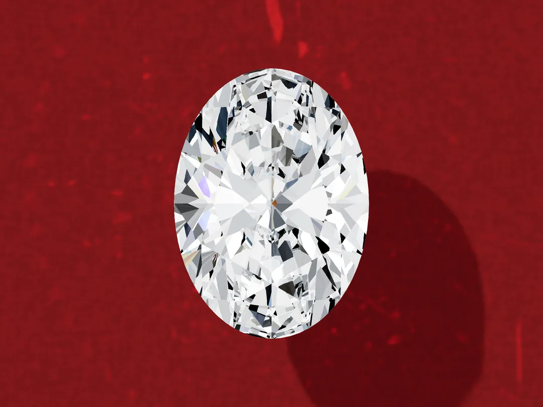 3D render of a loose oval diamond face up at the same scale, an elongated outline with rounded ends.