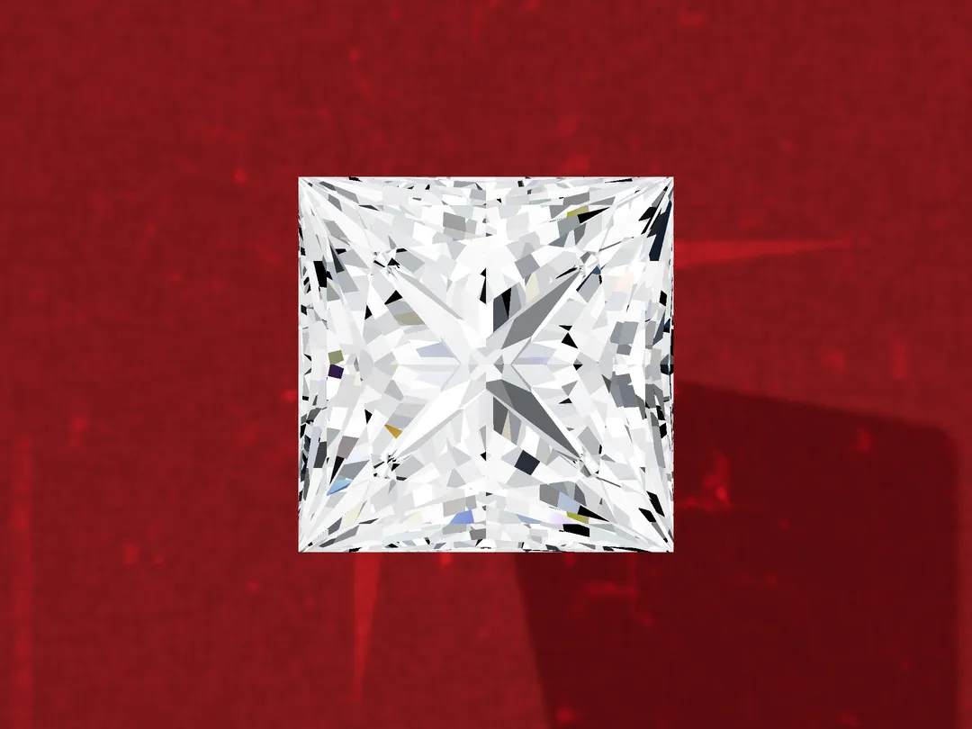 3D render of a loose princess-cut diamond face up, a square with pointed corners and brilliant-style facets.