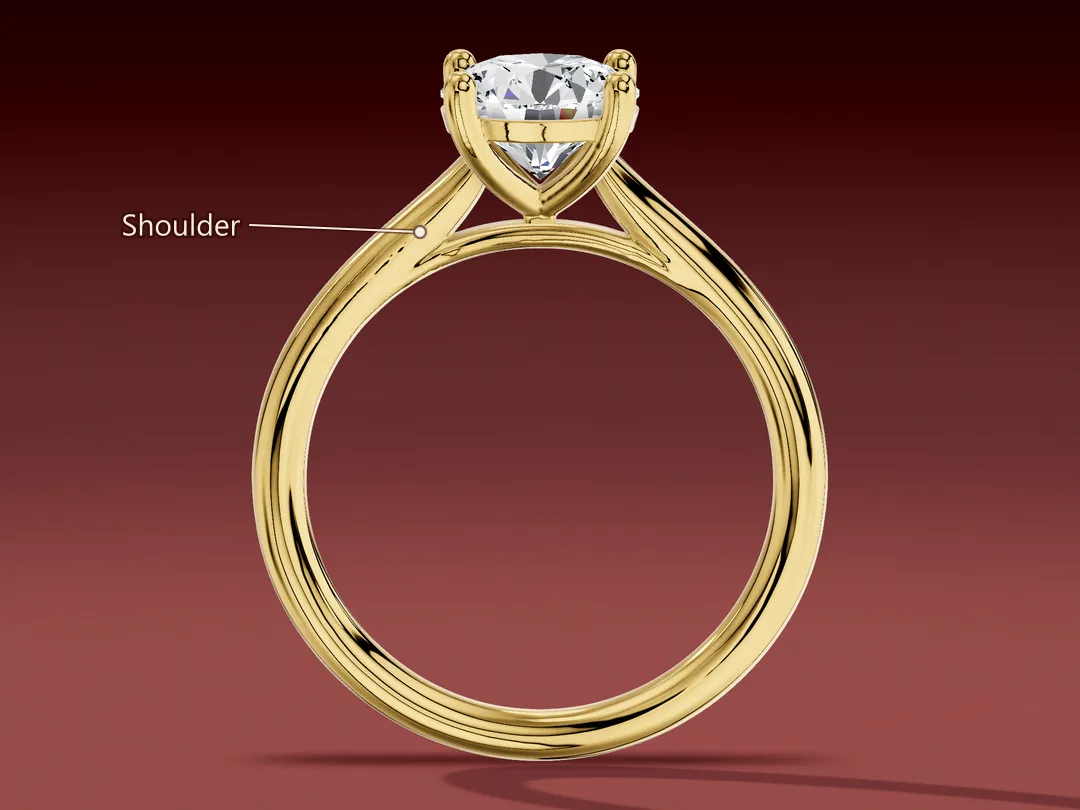 3D render of a yellow gold cathedral solitaire seen through its finger opening, with a rising shoulder labelled.