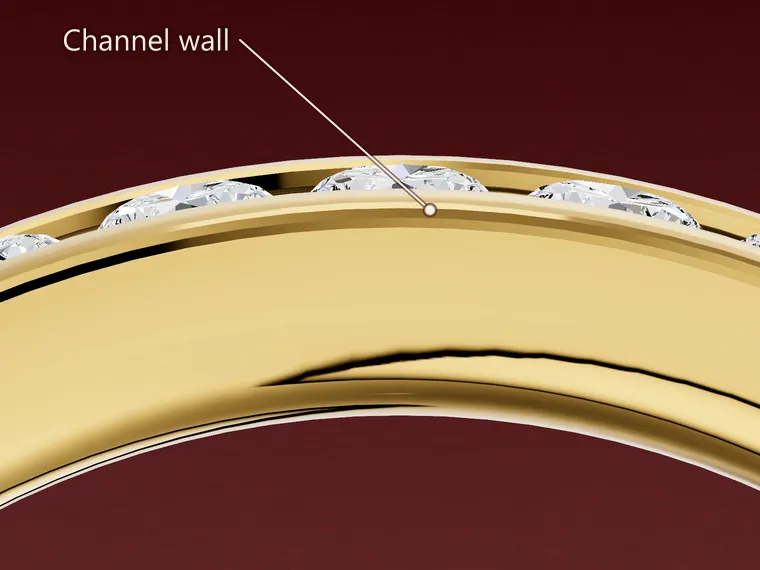 3D render of a channel-set band seen end on, with the channel wall labelled where it rises beside the row of diamonds.
