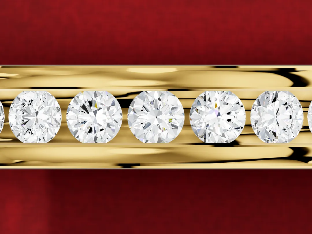 3D render from above of a yellow gold band with a row of round diamonds held between two continuous metal walls.