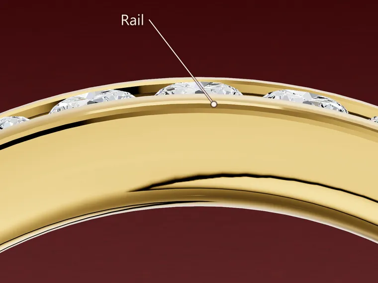 3D render of a channel-set band seen end on, with the metal rail beside the row of diamonds labelled.