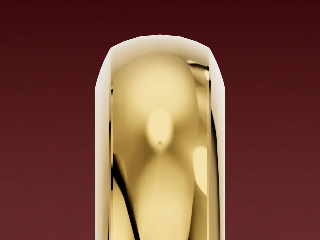 3D render of a yellow gold band seen edge-on, its outer surface curving across the width.