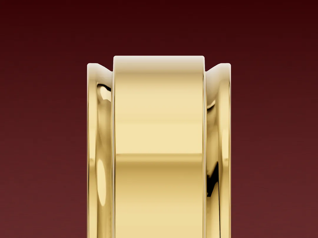 3D render of a yellow gold band seen edge-on, its outer surface flat across the width with stepped edges.