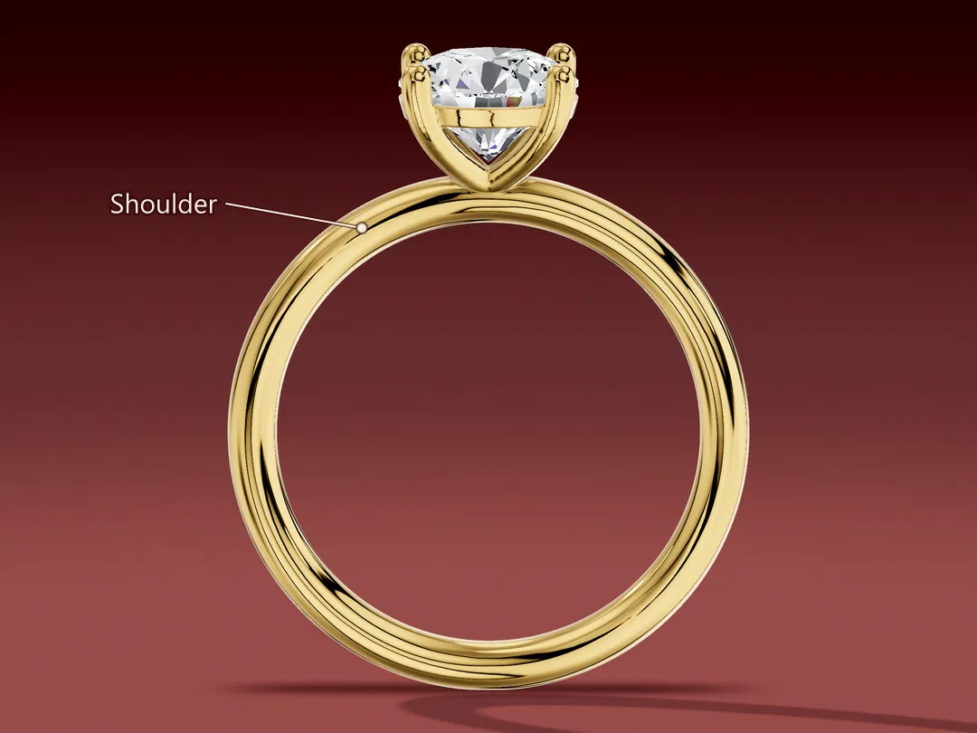 3D render of a yellow gold solitaire seen through its finger opening, with a shoulder of the straight band labelled.