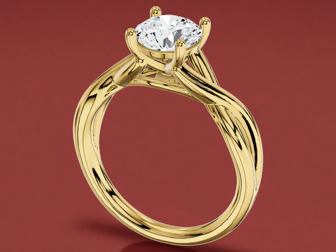3D render at an angle of a yellow gold round solitaire with a twisted shank.