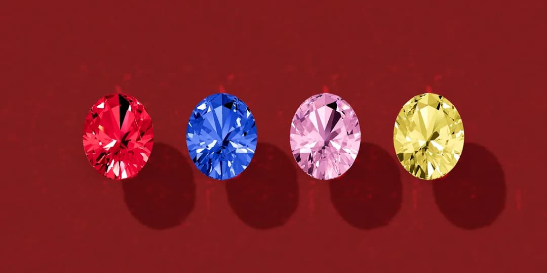 3D render of four loose oval stones in a row on a burgundy table: a red ruby and blue, pink and yellow sapphires.