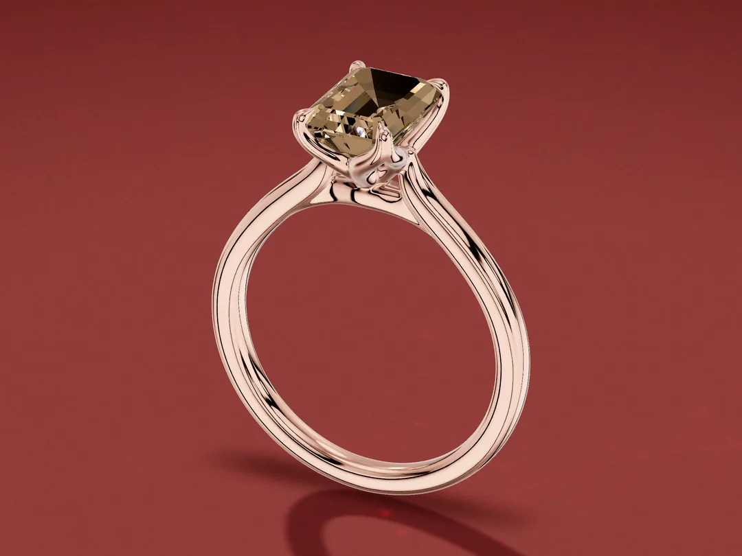 3D render of an emerald-cut smoky brown quartz in a rose gold cathedral solitaire ring.