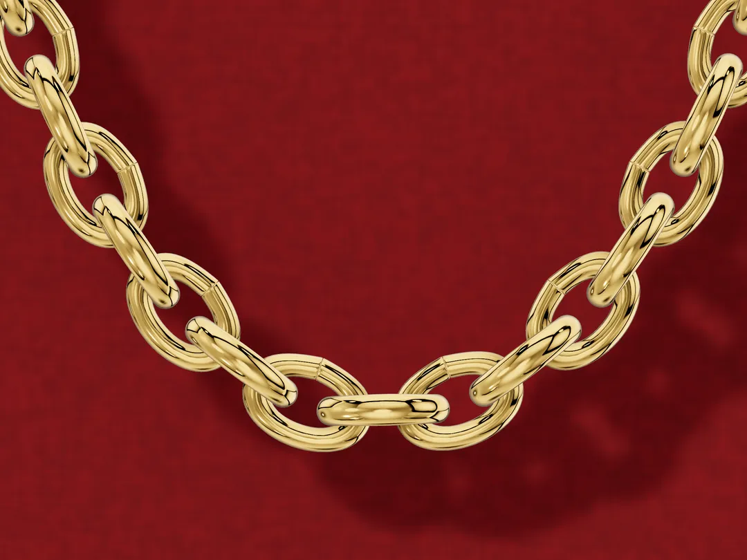 3D render close-up of a yellow gold cable chain, its oval links alternating flat and upright as they join.