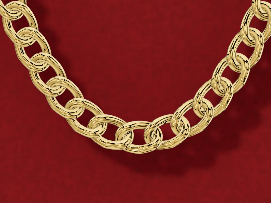 3D render close-up of a yellow gold curb chain whose twisted oval links lie flat and overlap one another.