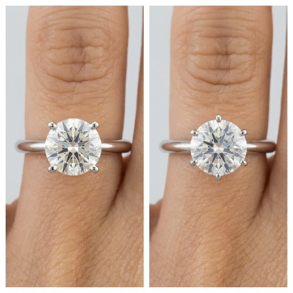 Four prong and six prong engagement rings comparing claw security by Lily Dia Jewellery