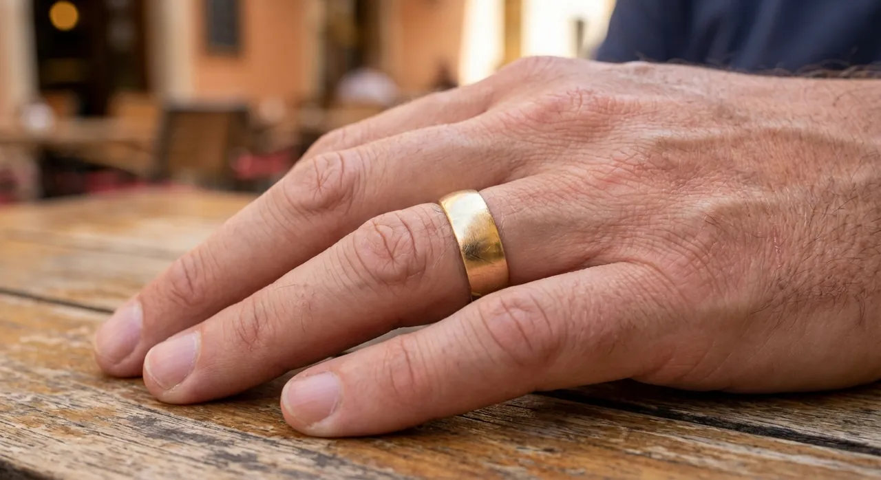 Men's yellow gold wedding band worn on the hand