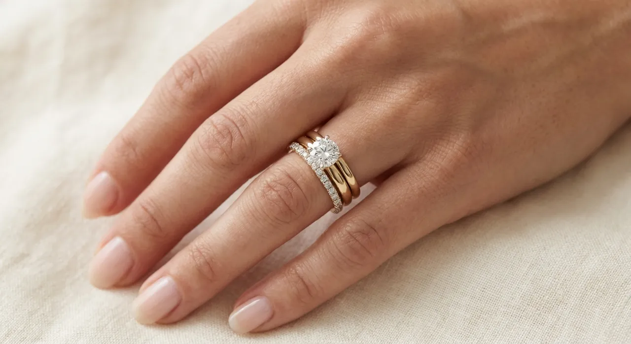 Mixed metal ring stack with a pave band and rose gold bands worn on the hand