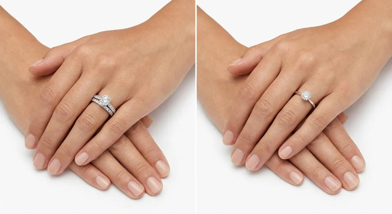 Engagement ring vs wedding ring comparison by Lily Dia Jewellery