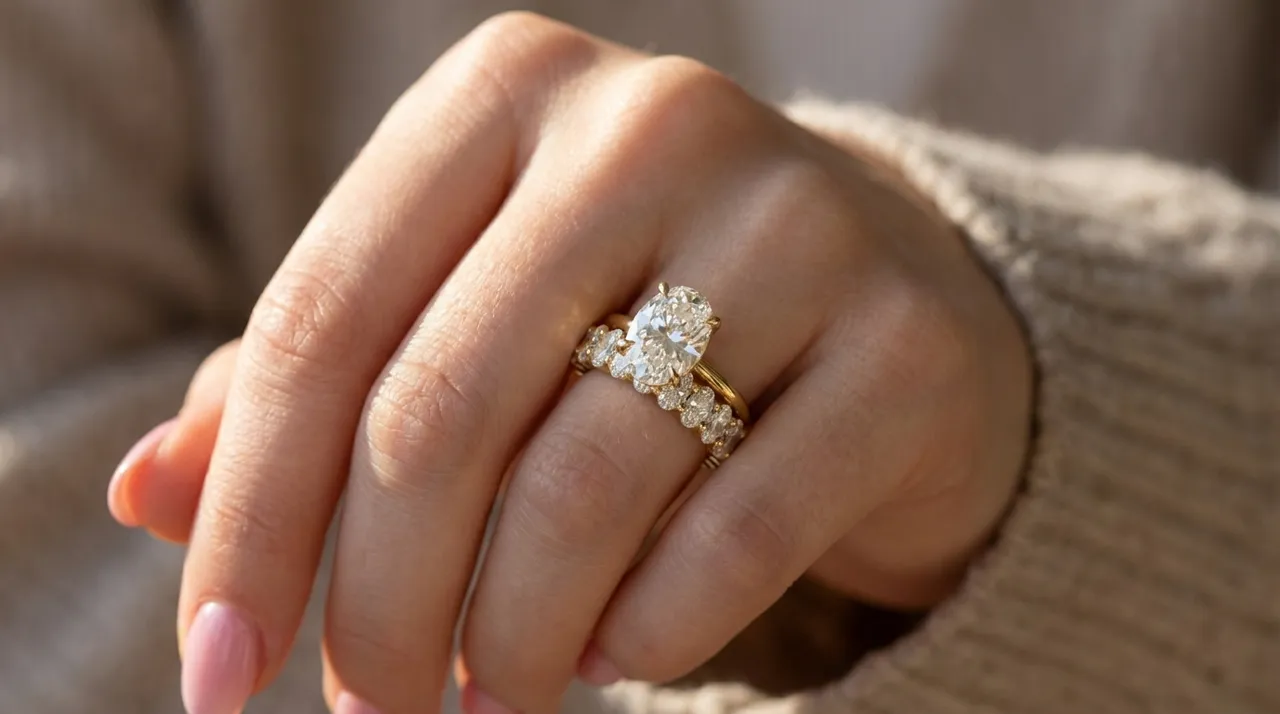 Oval solitaire engagement ring and eternity band worn on the hand by Lily Dia Jewellery