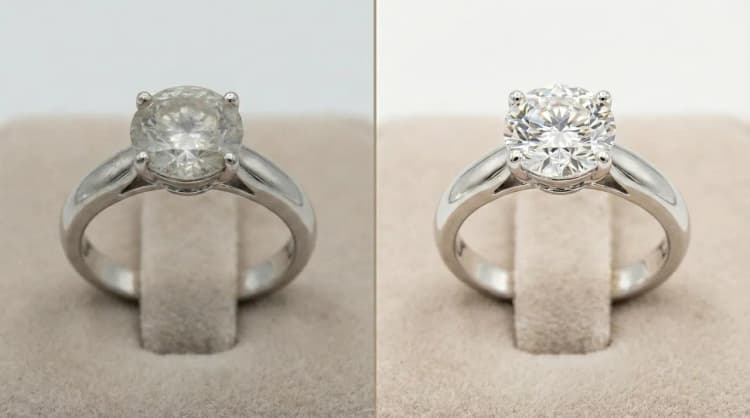 Dirty vs clean engagement ring sparkle comparison by Lily Dia Jewellery