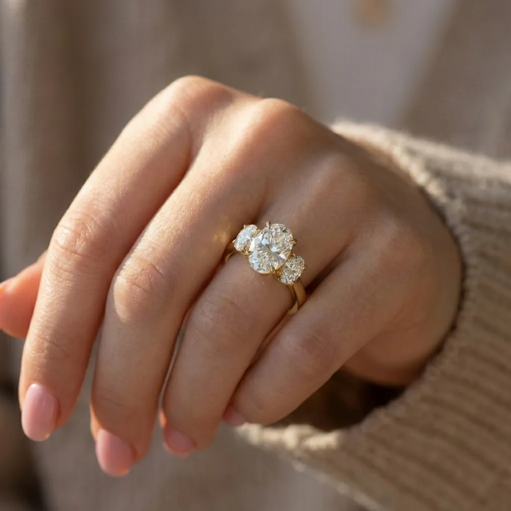Oval three stone engagement ring on hand by Lily Dia Jewellery