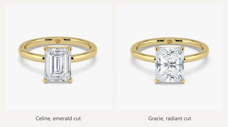 Celine emerald cut and Gracie radiant cut solitaire engagement rings in yellow gold by Lily Dia Jewellery