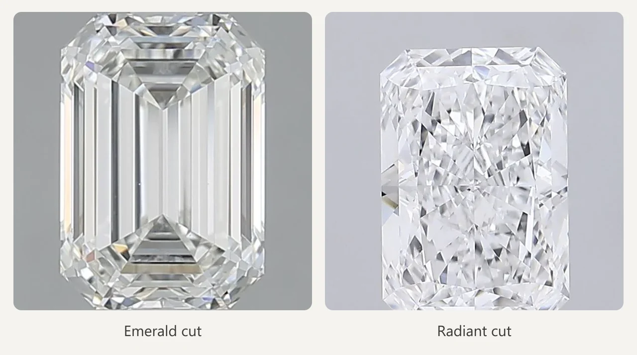 Emerald cut and radiant cut diamonds side by side by Lily Dia Jewellery