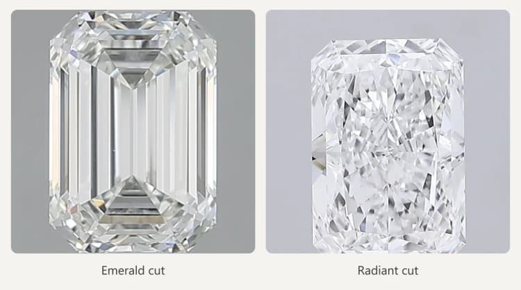 Emerald cut and radiant cut diamonds side by side by Lily Dia Jewellery