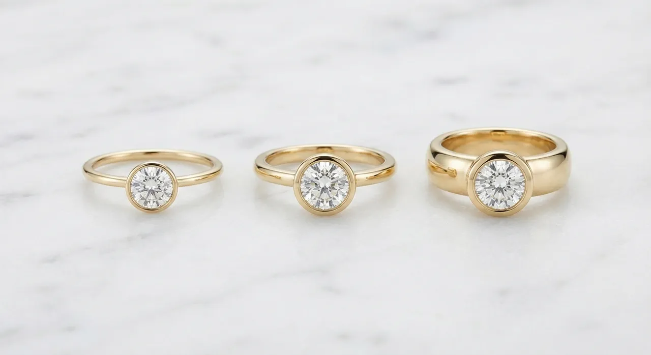 Bezel engagement ring band width comparison by Lily Dia Jewellery