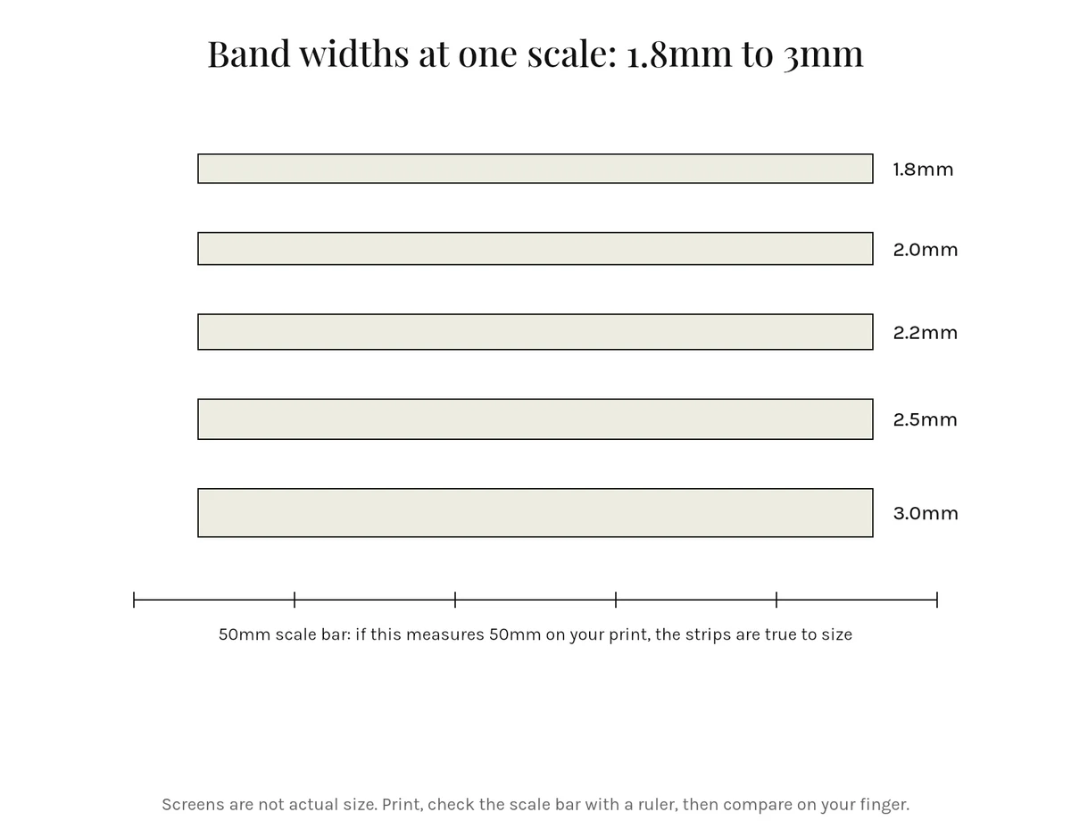 Ring band width strips from 1.8mm to 3mm drawn at one scale with a 50mm scale check bar by Lily Dia Jewellery