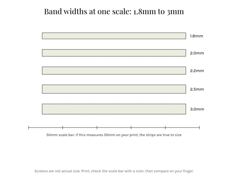 Ring band width strips from 1.8mm to 3mm at one scale with a 50mm scale check bar by Lily Dia Jewellery