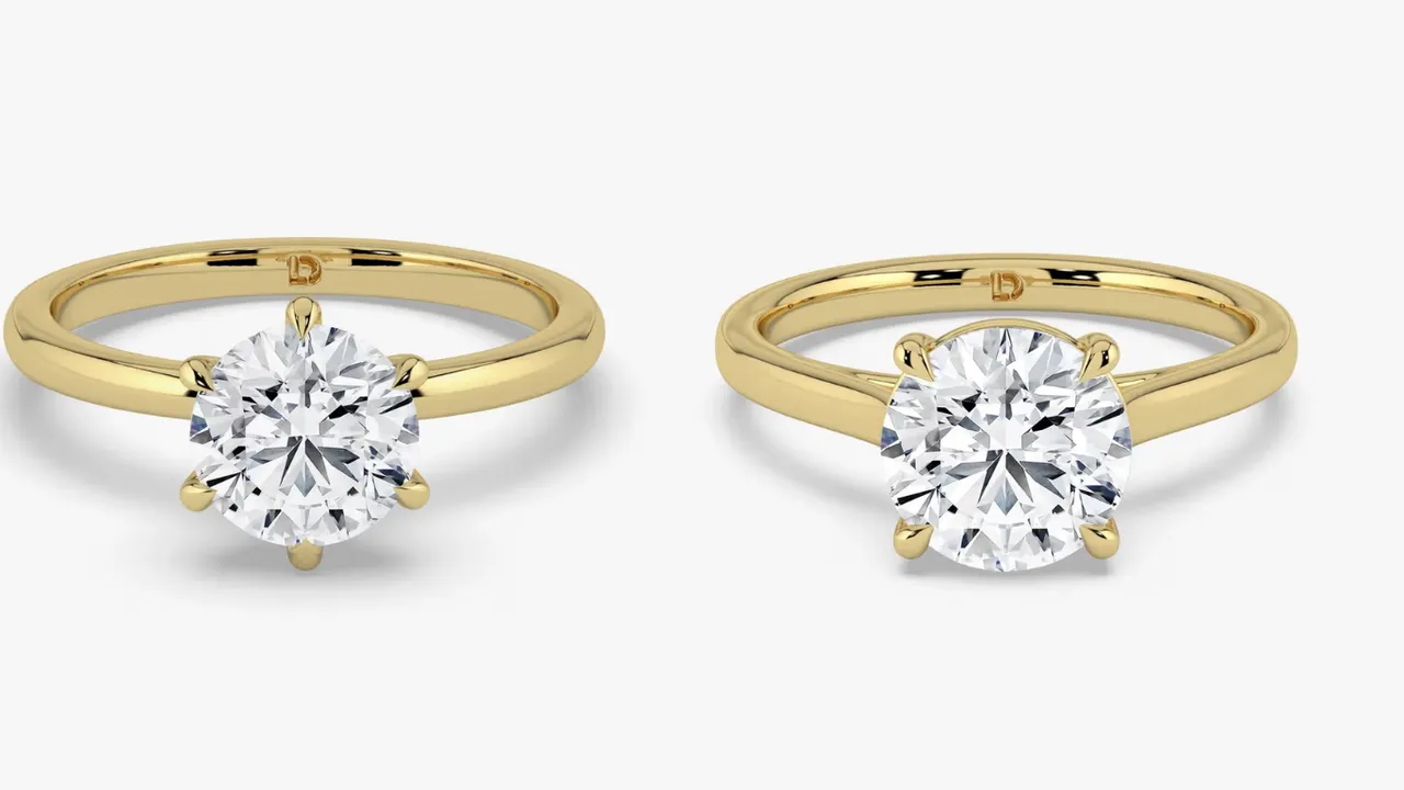 Four vs six prong round engagement ring comparison by Lily Dia Jewellery