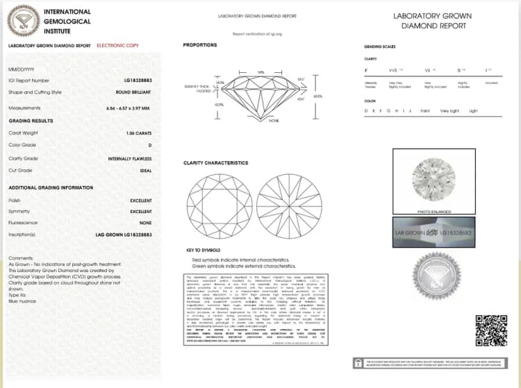 IGI lab-grown diamond grading report example for Lily Dia Jewellery