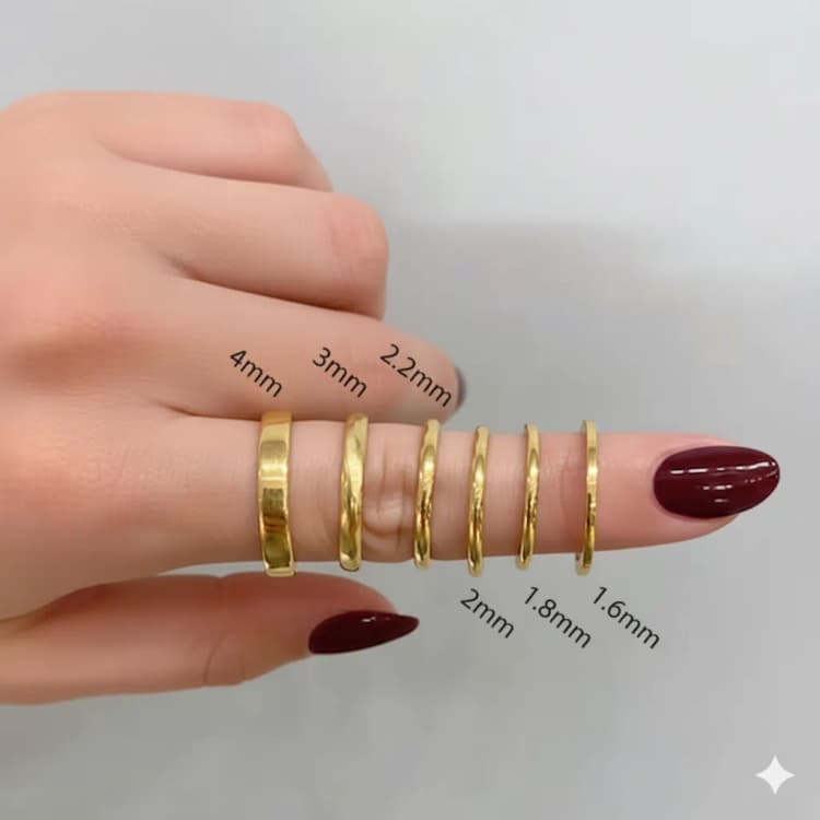 Engagement ring band widths from 1.6mm to 4mm on finger by Lily Dia Jewellery
