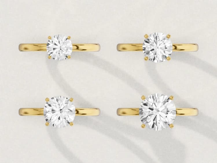 Face-up view of the same yellow gold four-claw solitaire engagement ring four times, with a 1 and a 1.5 carat round diamond above and a 2 and a 3 carat round below, a 3D render at one scale