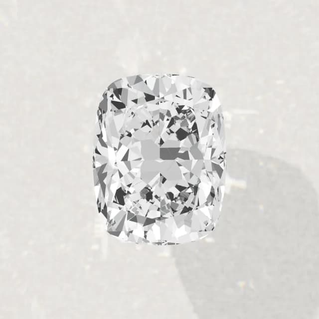 A 2 carat elongated cushion cut lab-grown diamond seen face up, 8.6 by 6.7 mm, a 3D render drawn to the same scale as the other 2 carat shapes on this page
