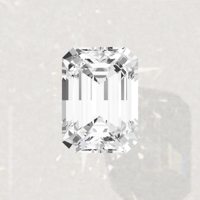 A 2 carat emerald cut lab-grown diamond seen face up, 8.6 by 6.0 mm, a 3D render drawn to the same scale as the other 2 carat shapes on this page