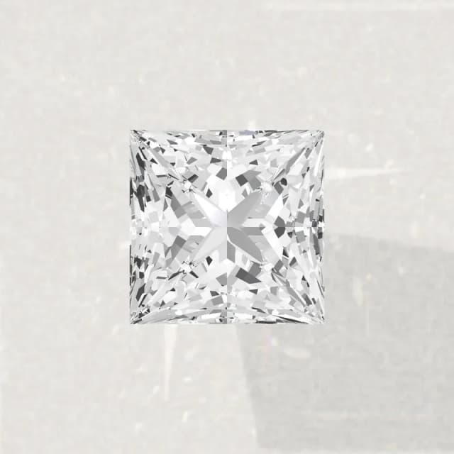 A 2 carat princess cut lab-grown diamond seen face up, 6.9 by 6.8 mm, a 3D render drawn to the same scale as the other 2 carat shapes on this page