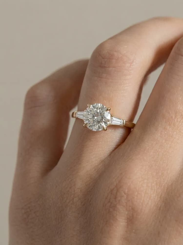 Two carat round baguette three stone engagement ring by Lily Dia Jewellery