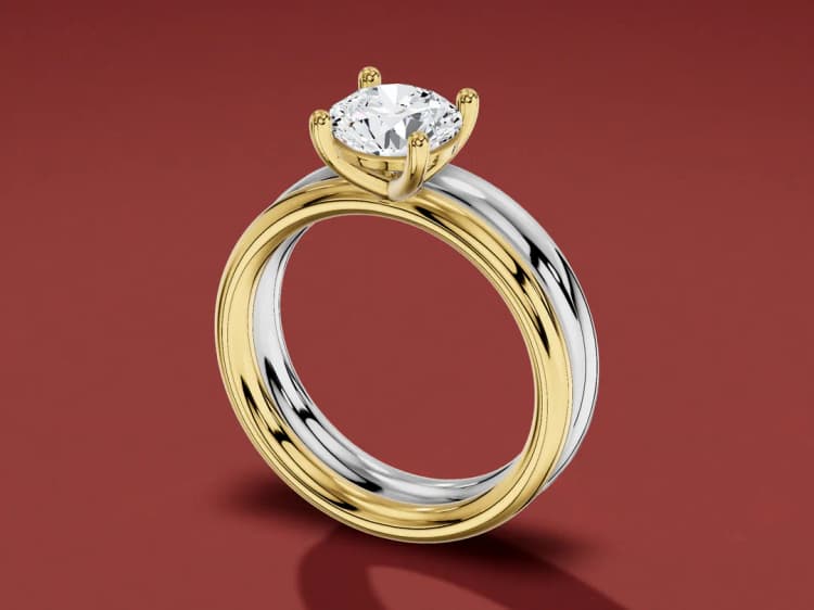 3D render of a yellow gold round solitaire with a plain white gold band stacked beside it