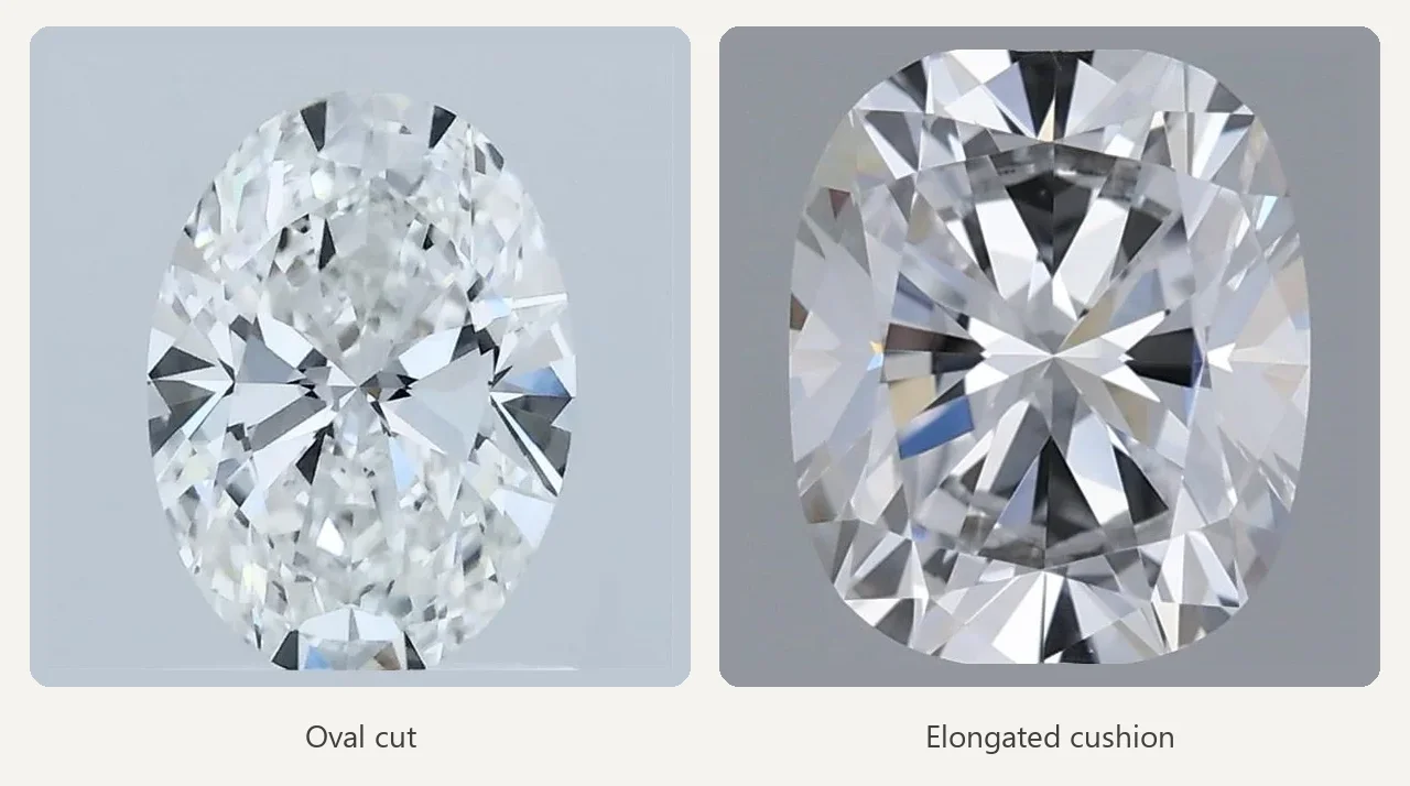 Oval cut and elongated cushion diamonds side by side by Lily Dia Jewellery