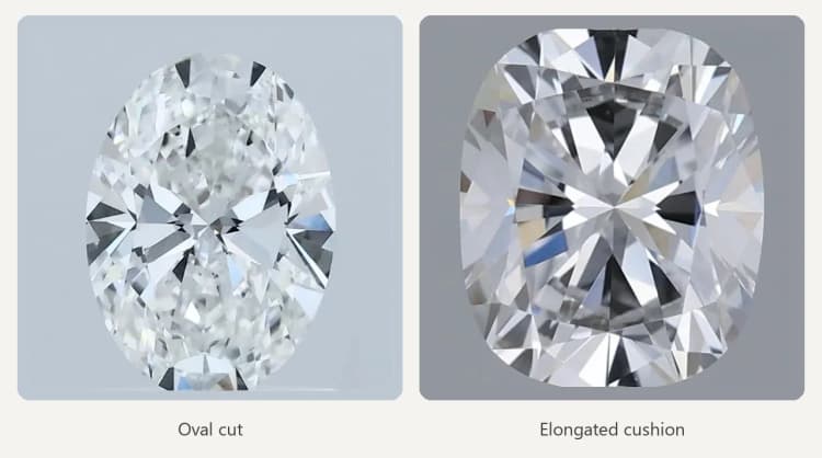 Oval cut and elongated cushion diamonds side by side by Lily Dia Jewellery