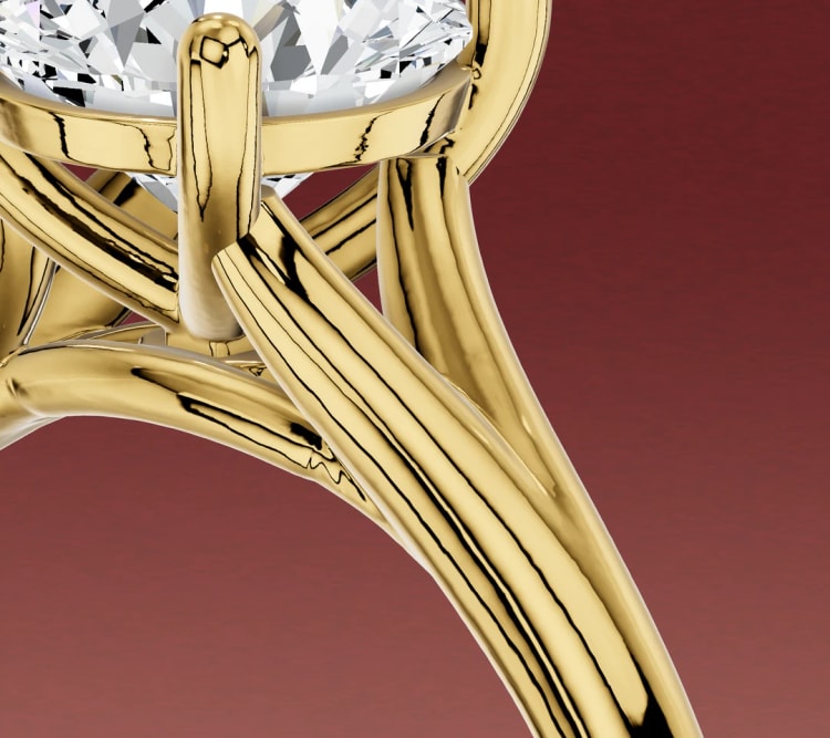 Close-up of a split shank solitaire shoulder, showing the two arms and the space between them, by Lily Dia Jewellery