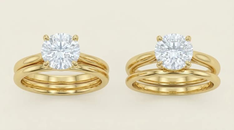 Round engagement ring high vs low setting with wedding band by Lily Dia Jewellery