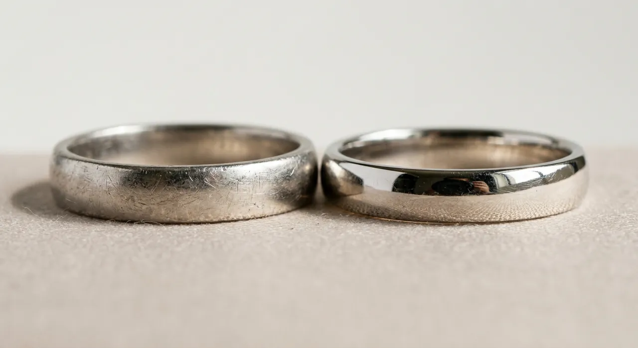Two white metal wedding bands side by side showing worn and polished finishes