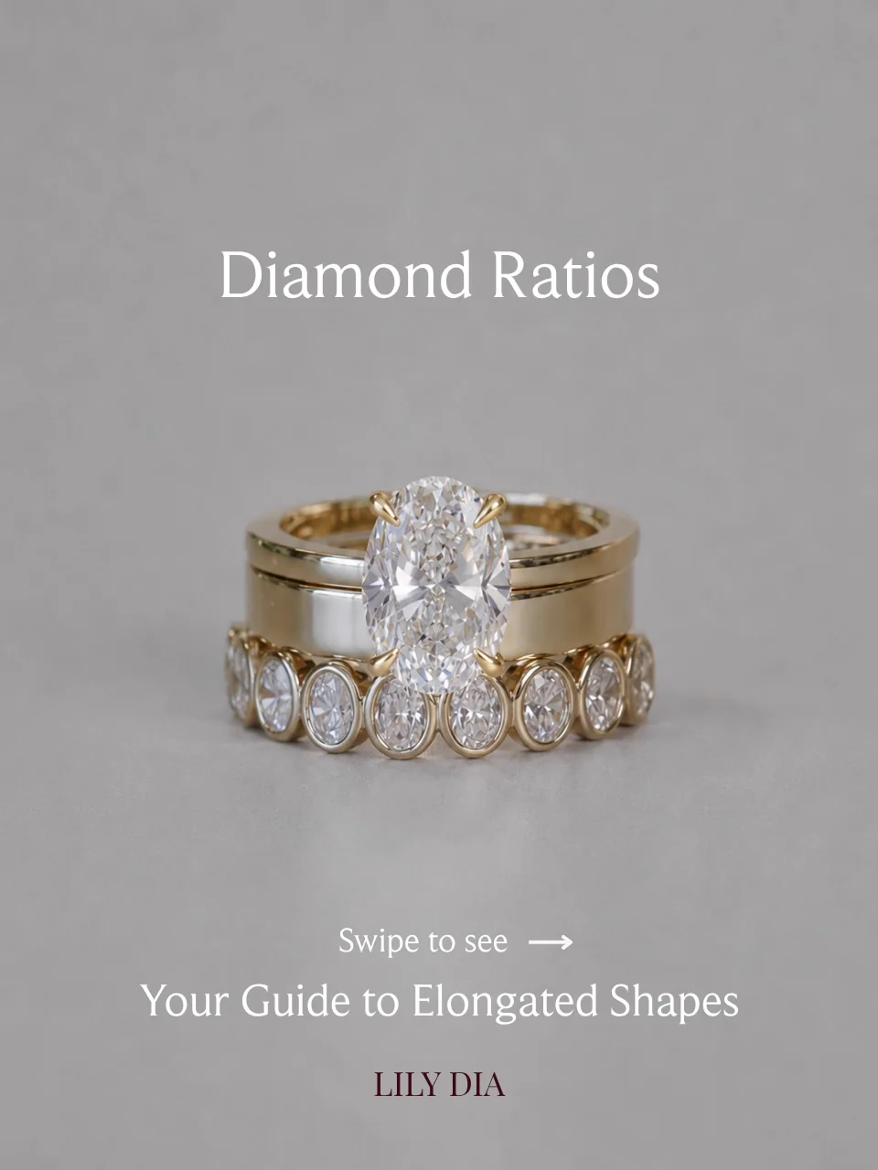 Diamond ratios guide featuring an oval engagement ring and wedding band stack