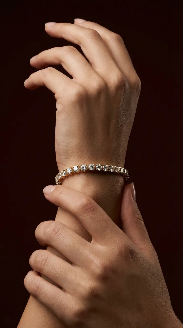 Model wearing a Lily Dia Jewellery yellow gold Toi et Moi engagement ring featuring pear and oval diamonds, styled with a round diamond tennis bracelet.