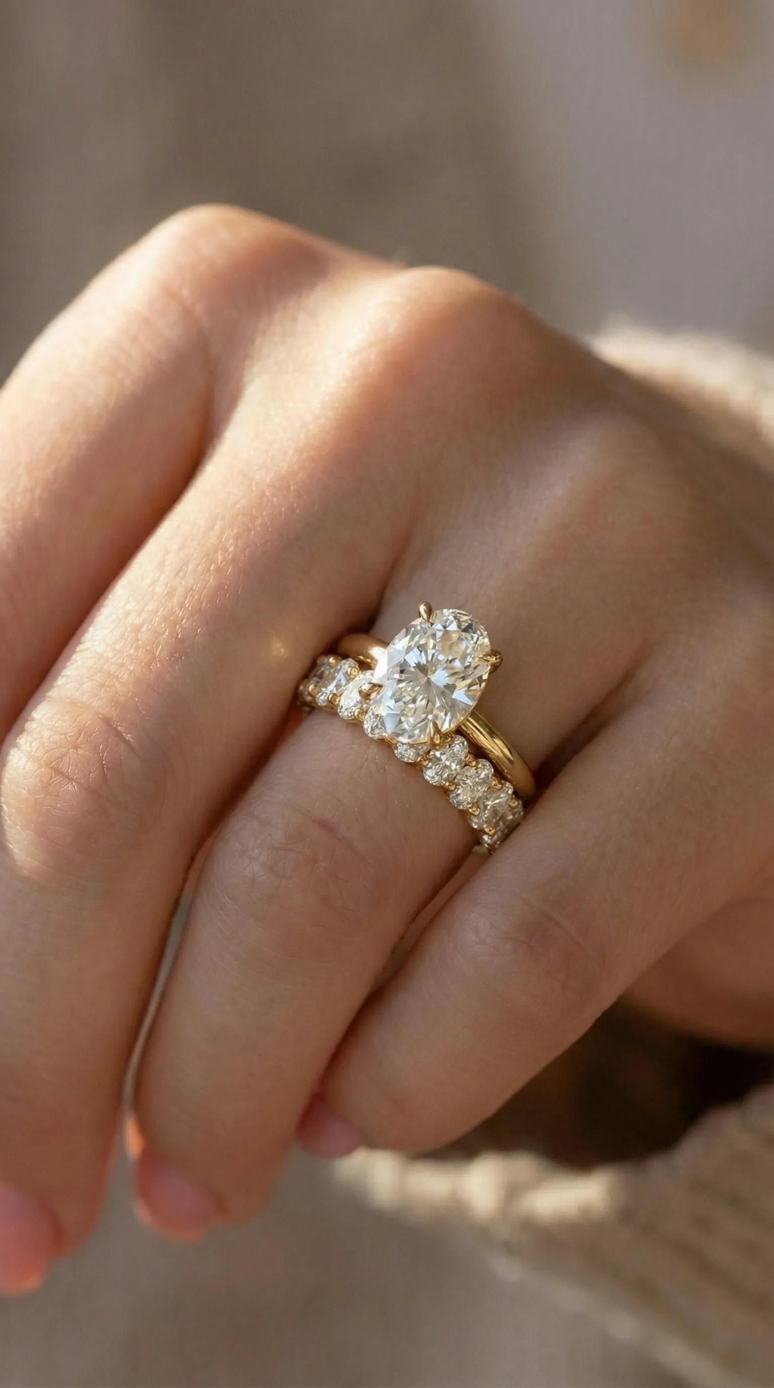 Oval diamond solitaire engagement ring stacked with an oval diamond eternity band in yellow gold, by Lily Dia Jewellery